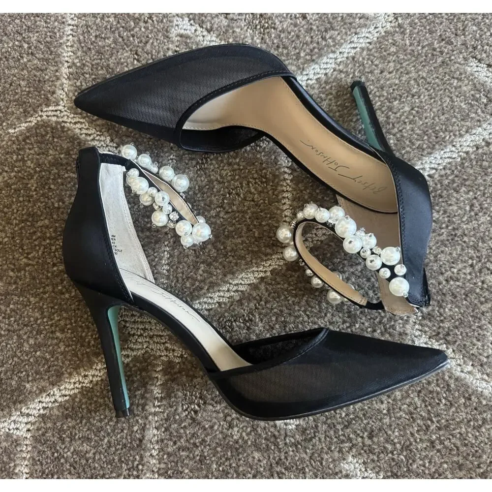 Betsey Johnson SB Ellah Pearl Crystal Embellished Mesh High Heels Pointed Toe 8